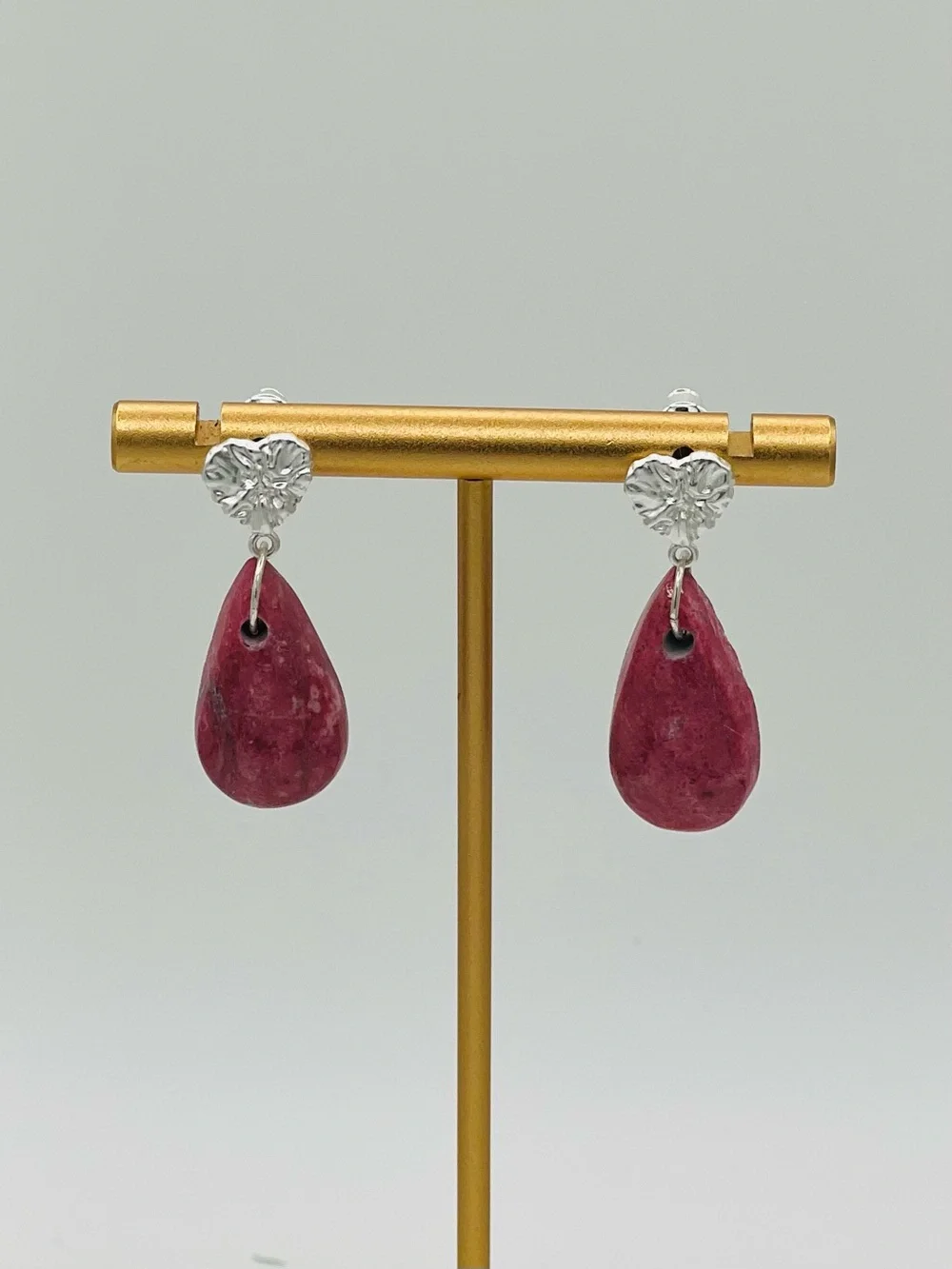 Genuine Russian Thulite Teardrop Earrings – Sterling Silver Heart Studs - Picture 3 of 3